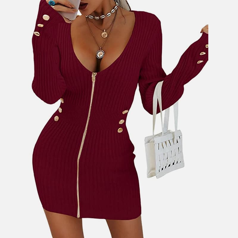 SM-K0078 V-hals langermet glidelås Kort tynn strikket kjole SM-K0078 V-hals langermet glidelås Kort tynn strikket kjole