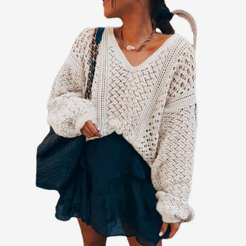 SM-K0082 Ensfarget V-hals Hollow Knit Pullover Genser Strikket Genser SM-K0082 Ensfarget V-hals Hollow Knit Pullover Genser Strikket Genser