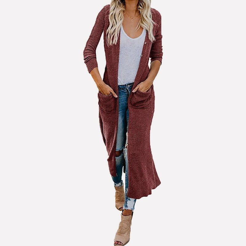 SM-K0074 V-hals Lang Solid Med Lommer Strikket Cardigan Coat SM-K0074 V-hals Lang Solid Med Lommer Strikket Cardigan Coat