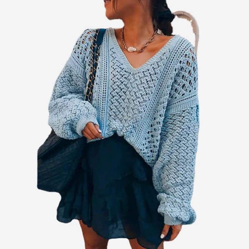 SM-K0082 Ensfarget V-hals Hollow Knit Pullover Genser Strikket Genser SM-K0082 Ensfarget V-hals Hollow Knit Pullover Genser Strikket Genser