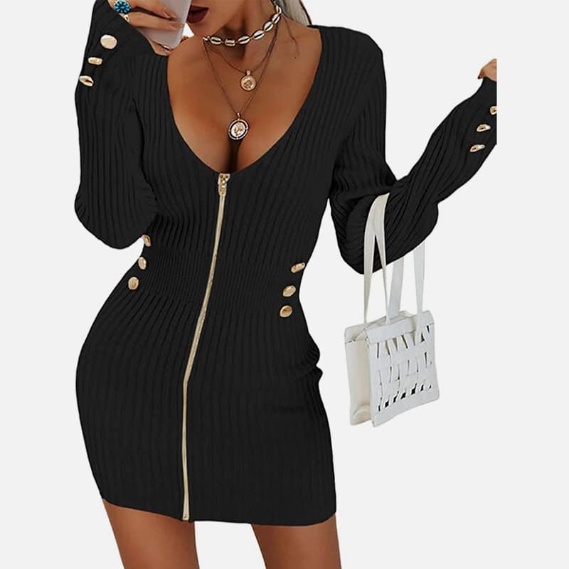 SM-K0078 V-hals langermet glidelås Kort tynn strikket kjole SM-K0078 V-hals langermet glidelås Kort tynn strikket kjole