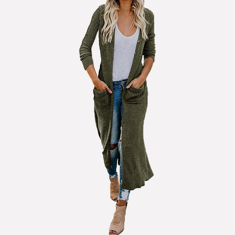 SM-K0074 V-hals Lang Solid Med Lommer Strikket Cardigan Coat SM-K0074 V-hals Lang Solid Med Lommer Strikket Cardigan Coat