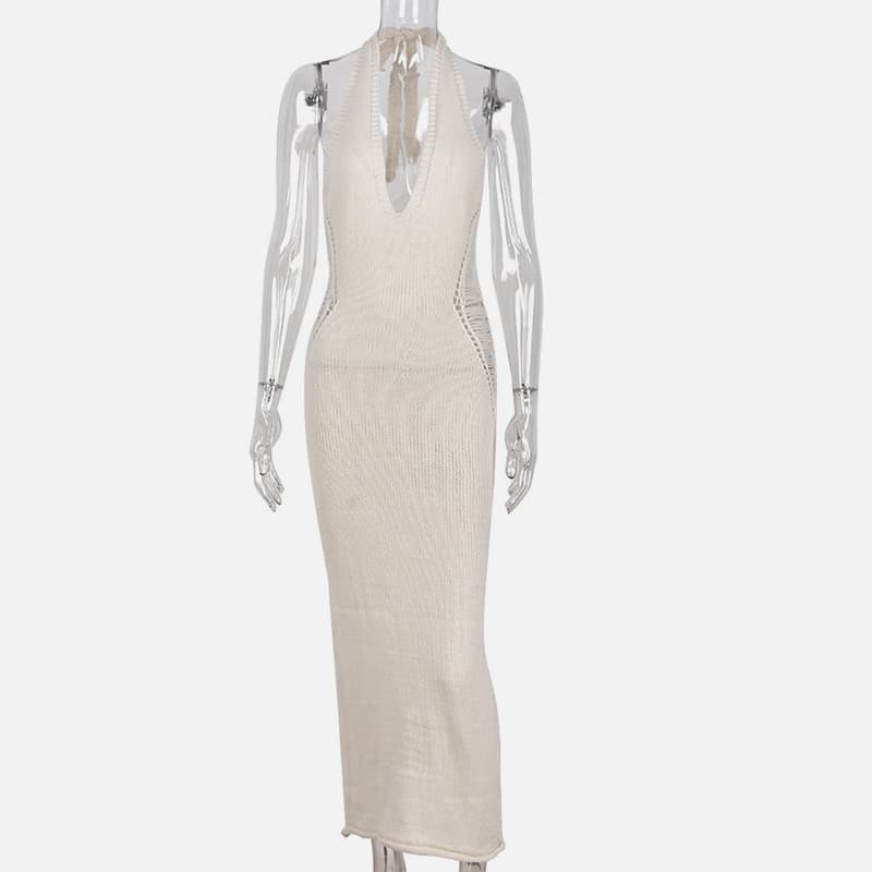 SM-K0073 V-hals ermeløs midje Ensfarget Halterneck strikket kjole SM-K0073 V-hals ermeløs midje Ensfarget Halterneck strikket kjole