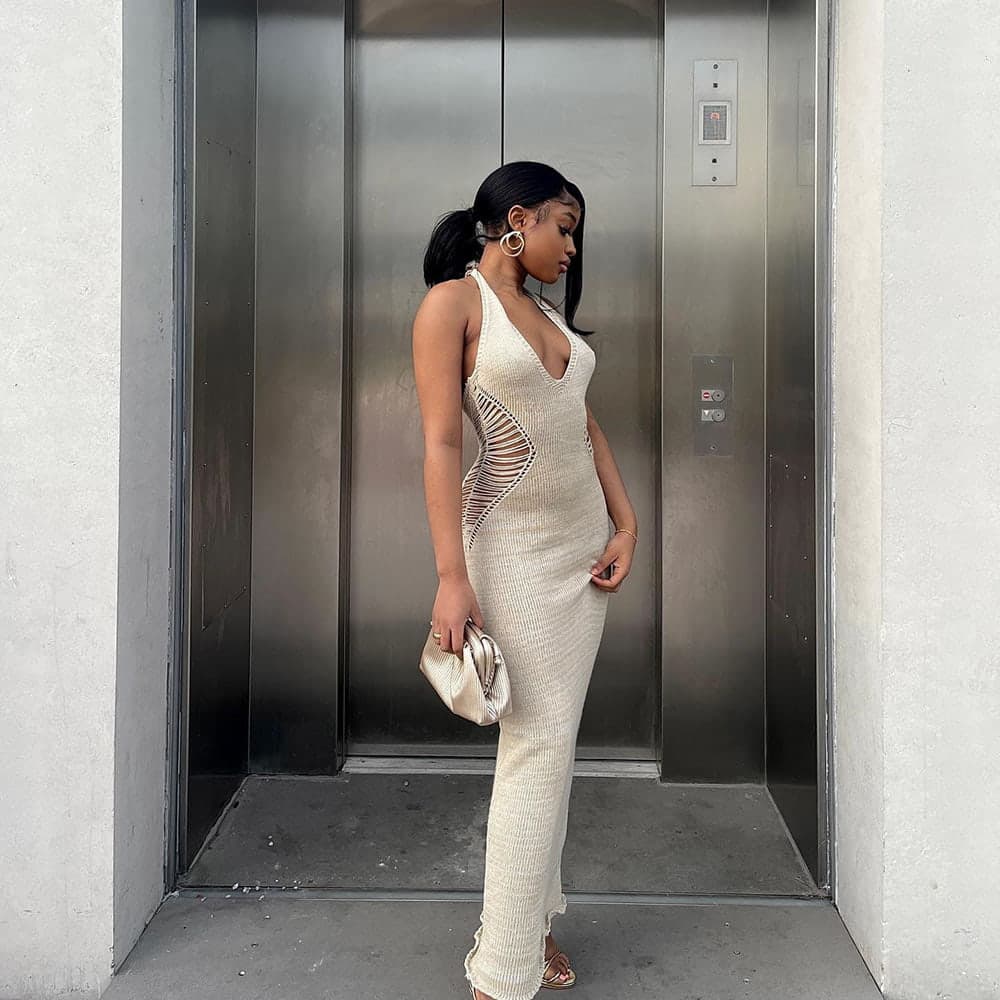 SM-K0073 V-hals ermeløs midje Ensfarget Halterneck strikket kjole SM-K0073 V-hals ermeløs midje Ensfarget Halterneck strikket kjole