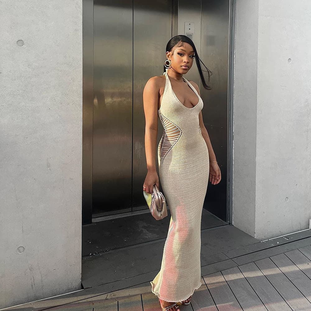 SM-K0073 V-hals ermeløs midje Ensfarget Halterneck strikket kjole SM-K0073 V-hals ermeløs midje Ensfarget Halterneck strikket kjole