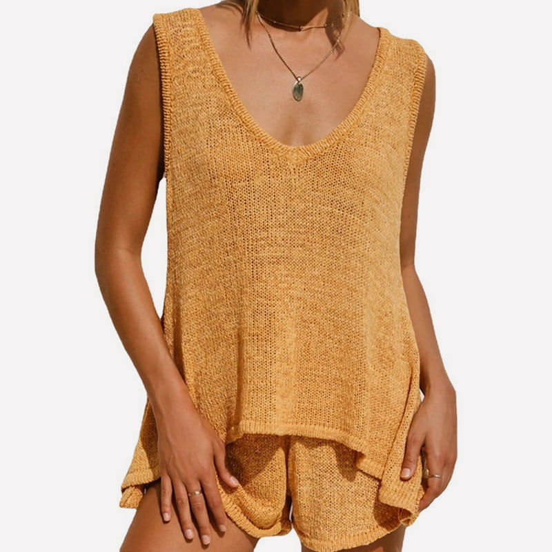 SM-K0102 Ensfarget finstrikket vest og snøringsshorts Uformell strikket dress SM-K0102 Ensfarget finstrikket vest og snøringsshorts Uformell strikket dress